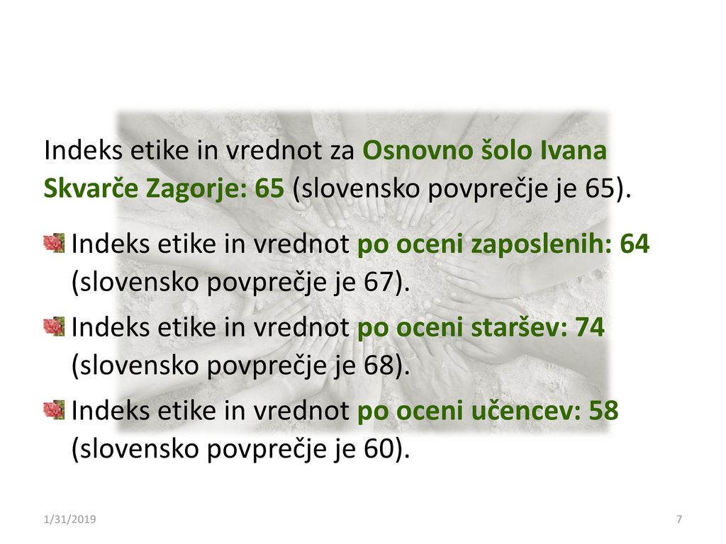Indeks etike in vrednot za Osnovno šolo Ivana Skvarče Zagorje: 65 (slovensko povprečje je 65).