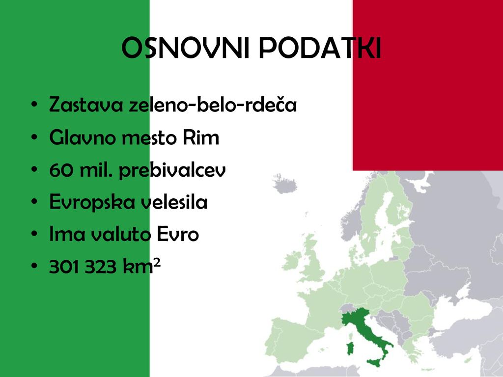 OSNOVNI PODATKI Zastava zeleno-belo-rdeča Glavno mesto Rim