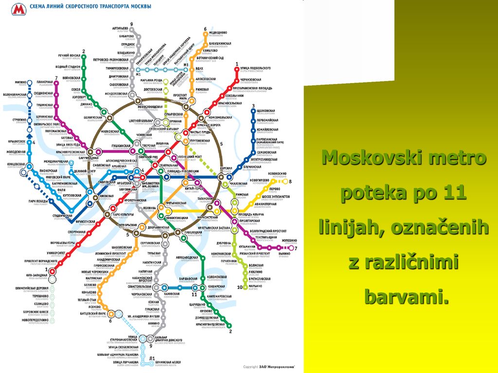 Moskovski metro poteka po 11 linijah, označenih z različnimi barvami.