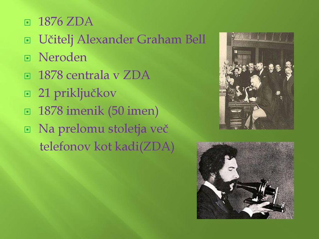 1876 ZDA Učitelj Alexander Graham Bell. Neroden centrala v ZDA. 21 priključkov imenik (50 imen)