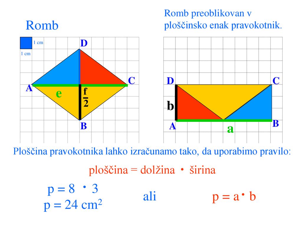 Romb e b a p = 8 3 p = 24 cm2 ali p = a b ploščina = dolžina širina