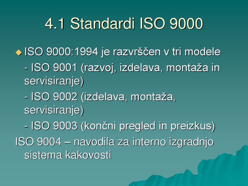 4.1 Standardi ISO 9000 ISO 9000:1994 je razvrščen v tri modele