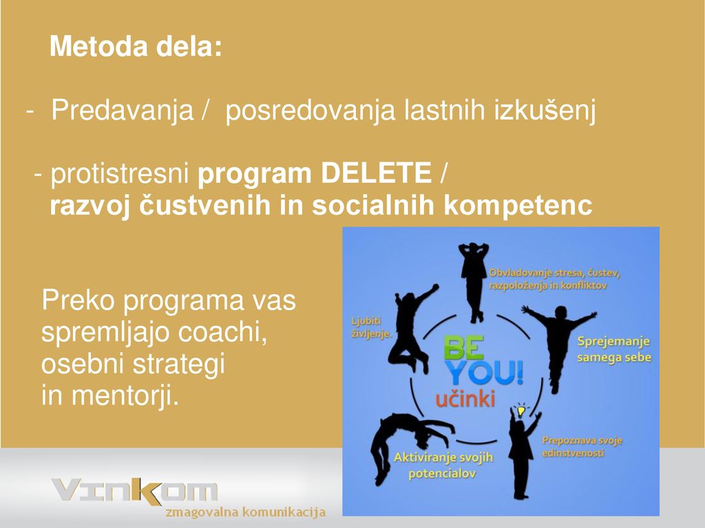 Metoda dela: - Predavanja / posredovanja lastnih izkušenj. - protistresni program DELETE / razvoj čustvenih in socialnih kompetenc.