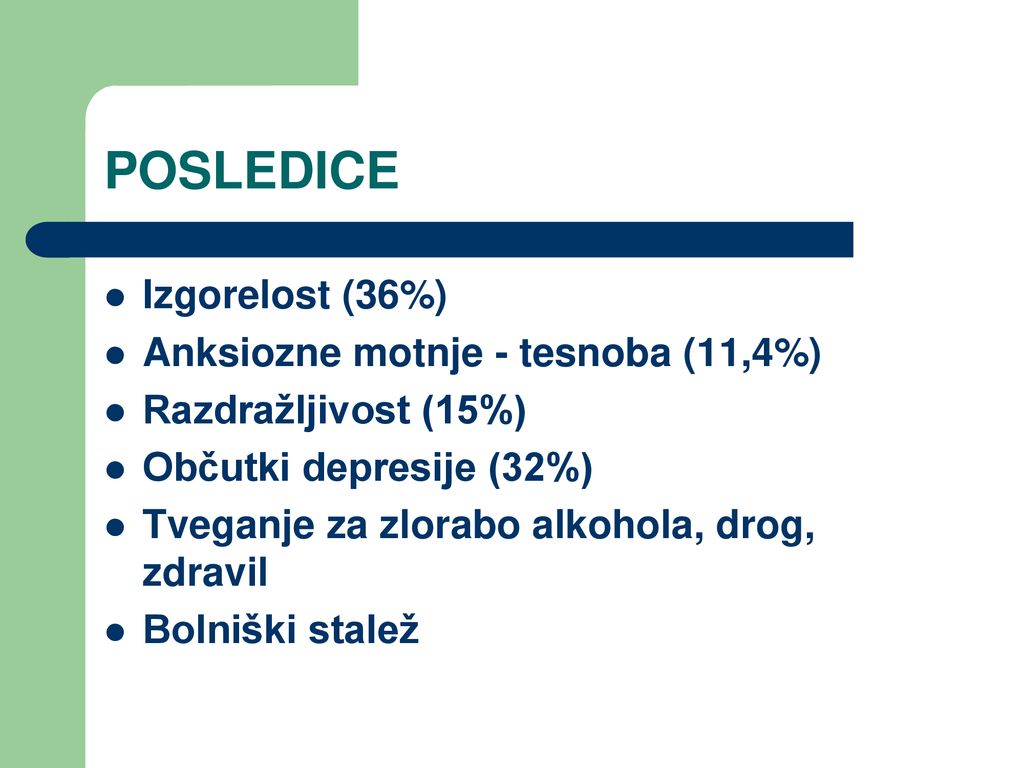 POSLEDICE Izgorelost (36%) Anksiozne motnje - tesnoba (11,4%)
