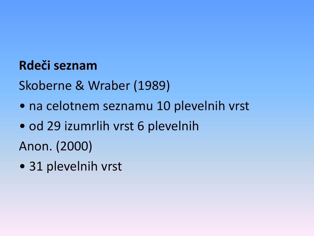 Rdeči seznam Skoberne & Wraber (1989) • na celotnem seznamu 10 plevelnih vrst • od 29 izumrlih vrst 6 plevelnih Anon.