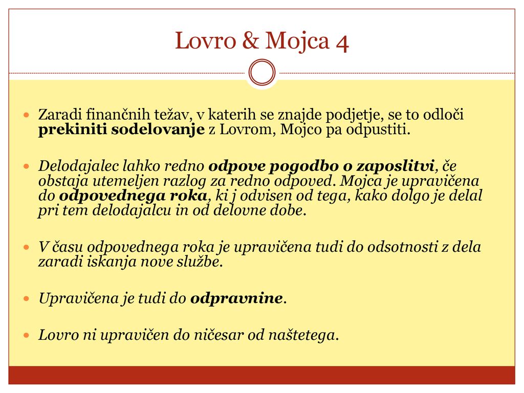 Lovro & Mojca 4 Zaradi finančnih težav, v katerih se znajde podjetje, se to odloči prekiniti sodelovanje z Lovrom, Mojco pa odpustiti.
