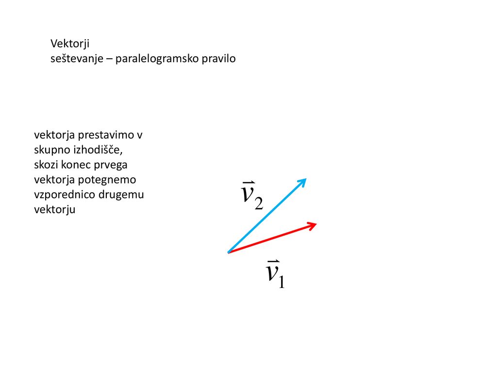 Vektorji seštevanje – paralelogramsko pravilo. vektorja prestavimo v skupno izhodišče,