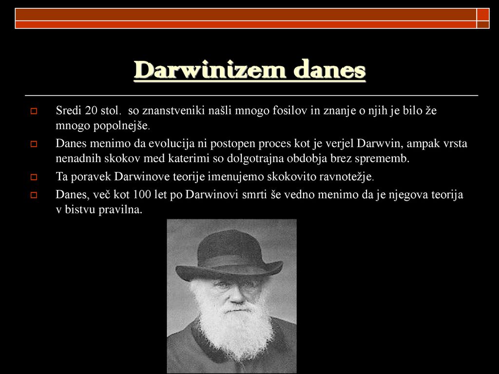 Darwinizem danes Sredi 20 stol. so znanstveniki našli mnogo fosilov in znanje o njih je bilo že mnogo popolnejše.