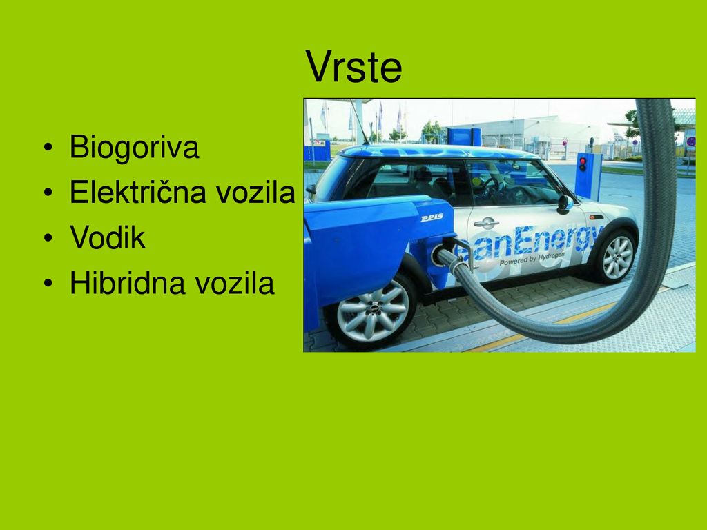 Vrste Biogoriva Električna vozila Vodik Hibridna vozila