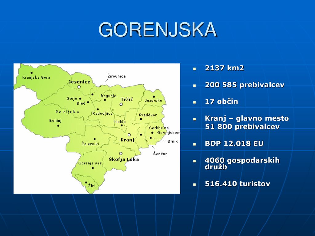 GORENJSKA 2137 km prebivalcev 17 občin Kranj – glavno mesto