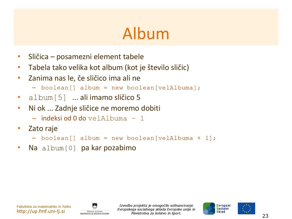 Album Sličica – posamezni element tabele