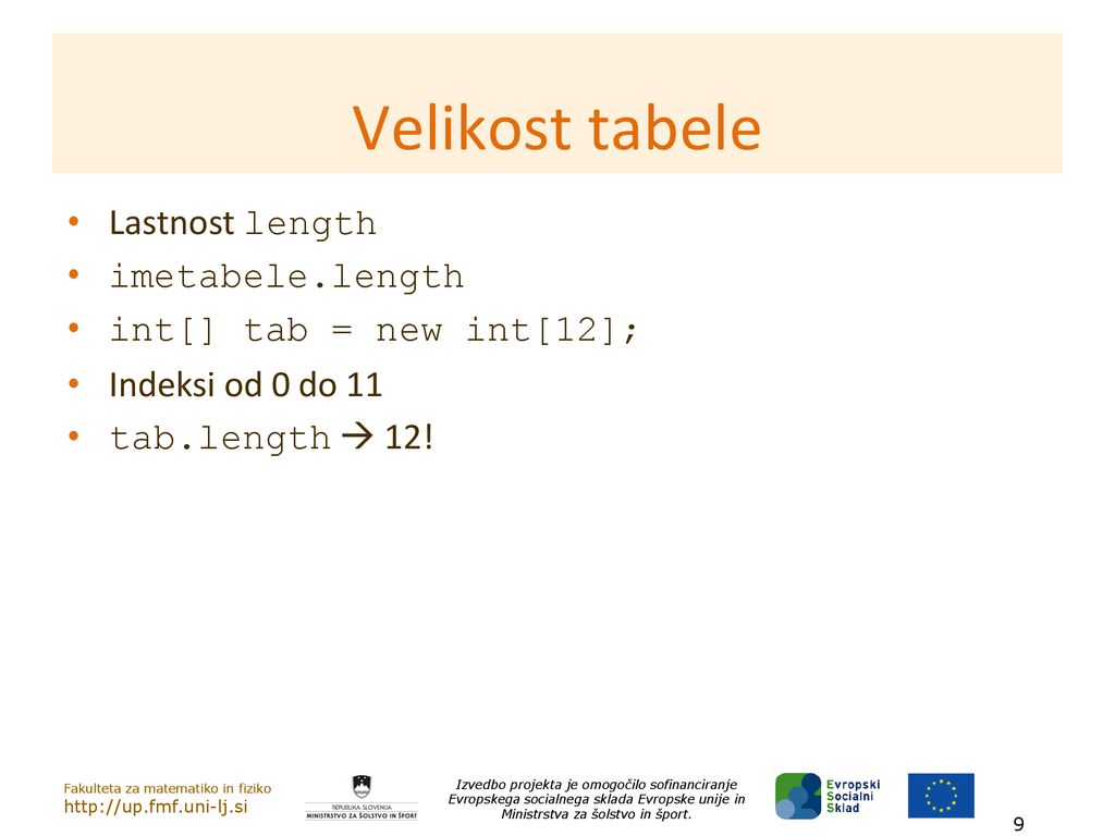 Velikost tabele Lastnost length imetabele.length