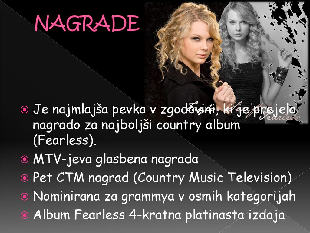 NAGRADE Je najmlajša pevka v zgodovini, ki je prejela nagrado za najboljši country album (Fearless).