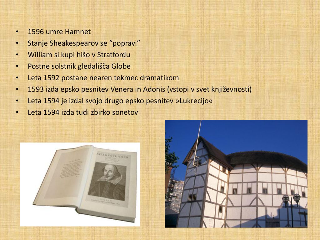 1596 umre Hamnet Stanje Sheakespearov se popravi William si kupi hišo v Stratfordu. Postne solstnik gledališča Globe.