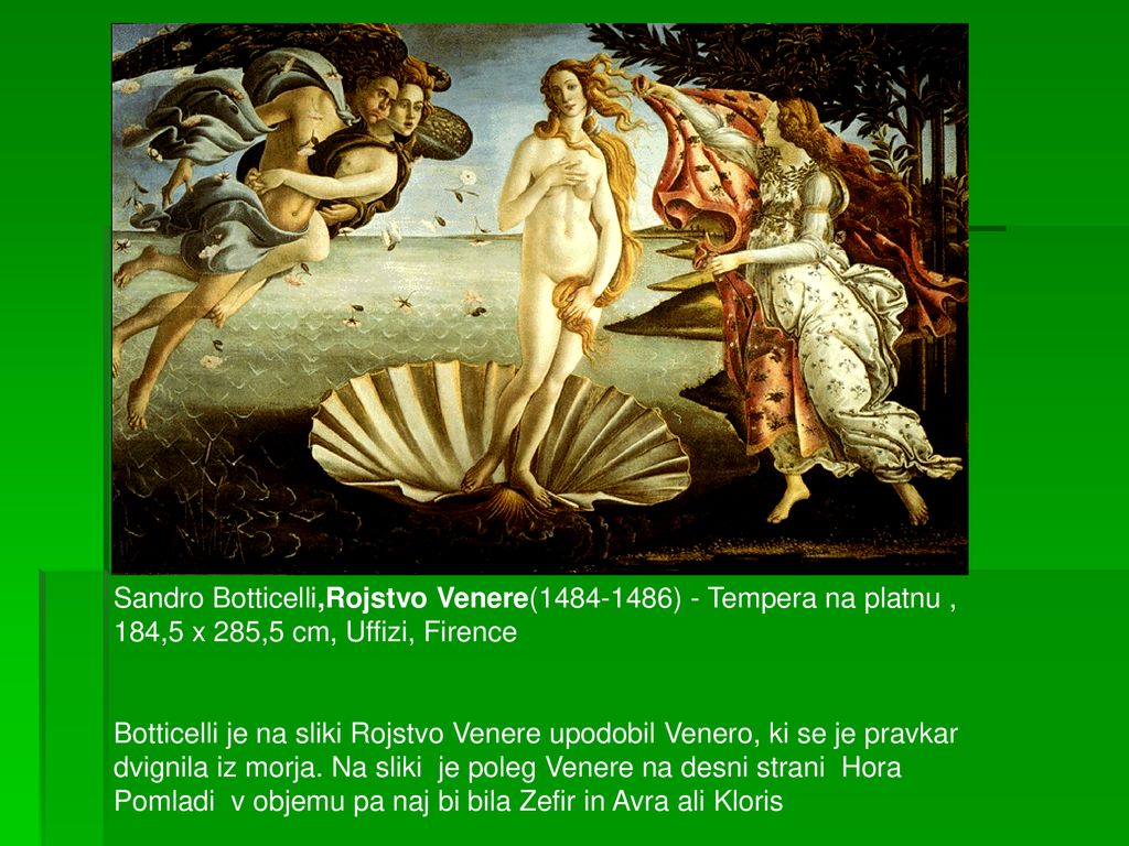 Sandro Botticelli,Rojstvo Venere( ) - Tempera na platnu , 184,5 x 285,5 cm, Uffizi, Firence