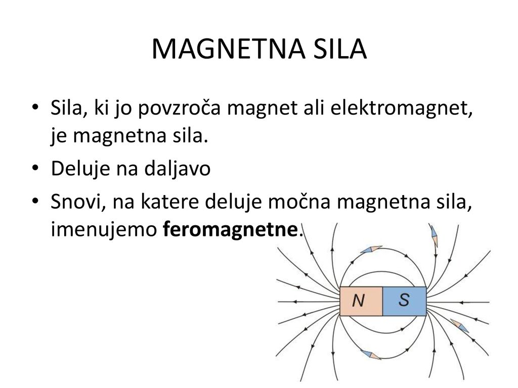 MAGNETNA SILA Sila, ki jo povzroča magnet ali elektromagnet, je magnetna sila. Deluje na daljavo.
