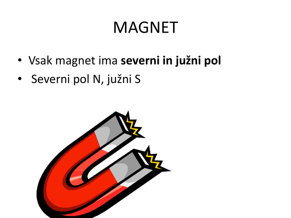 MAGNET Vsak magnet ima severni in južni pol Severni pol N, južni S
