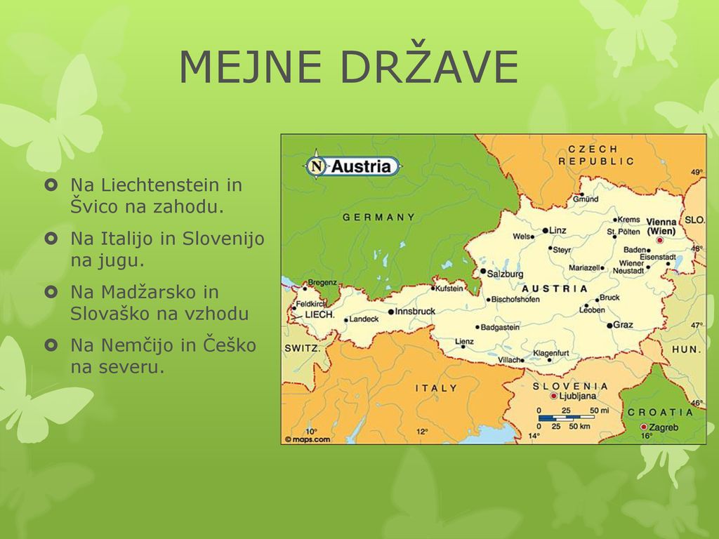 MEJNE DRŽAVE Na Liechtenstein in Švico na zahodu.