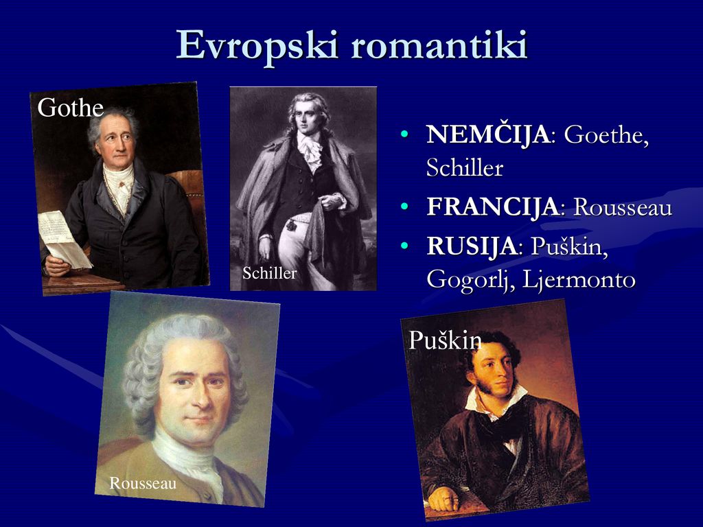 Evropski romantiki Gothe NEMČIJA: Goethe, Schiller FRANCIJA: Rousseau