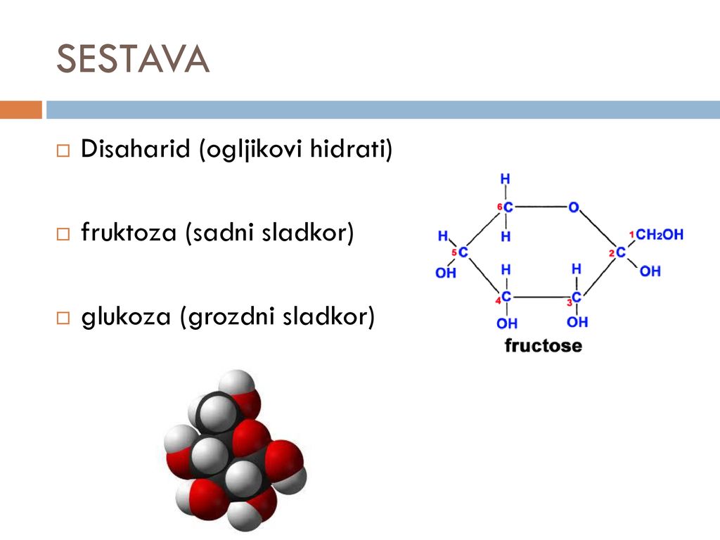 SESTAVA Disaharid (ogljikovi hidrati) fruktoza (sadni sladkor)