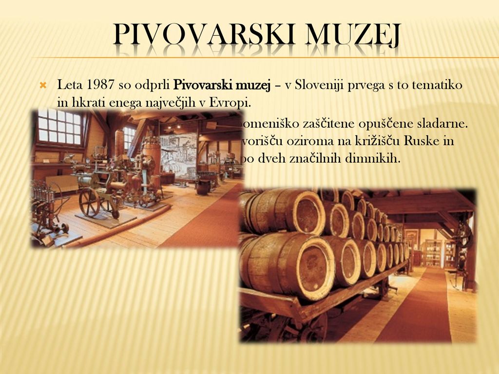 PIVOVARSKI MUZEJ Leta 1987 so odprli Pivovarski muzej – v Sloveniji prvega s to tematiko in hkrati enega največjih v Evropi.