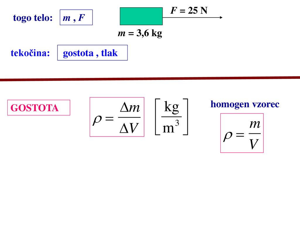 F = 25 N togo telo: m , F m = 3,6 kg tekočina: gostota , tlak homogen vzorec GOSTOTA
