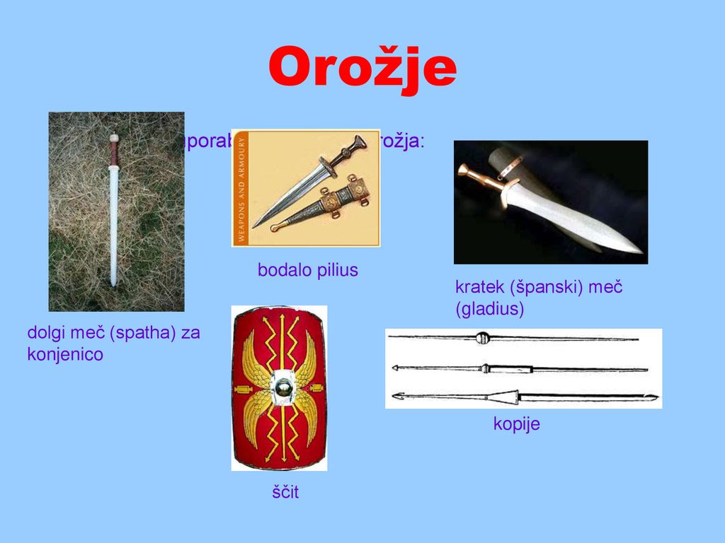 Orožje Rimljani so uporabljali naslednja orožja: bodalo pilius